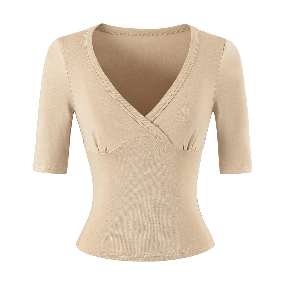 Women's body-hugging wrap shirt with deep V-neck, three-quarter sleeves, and waist accentuation Mune Fashion