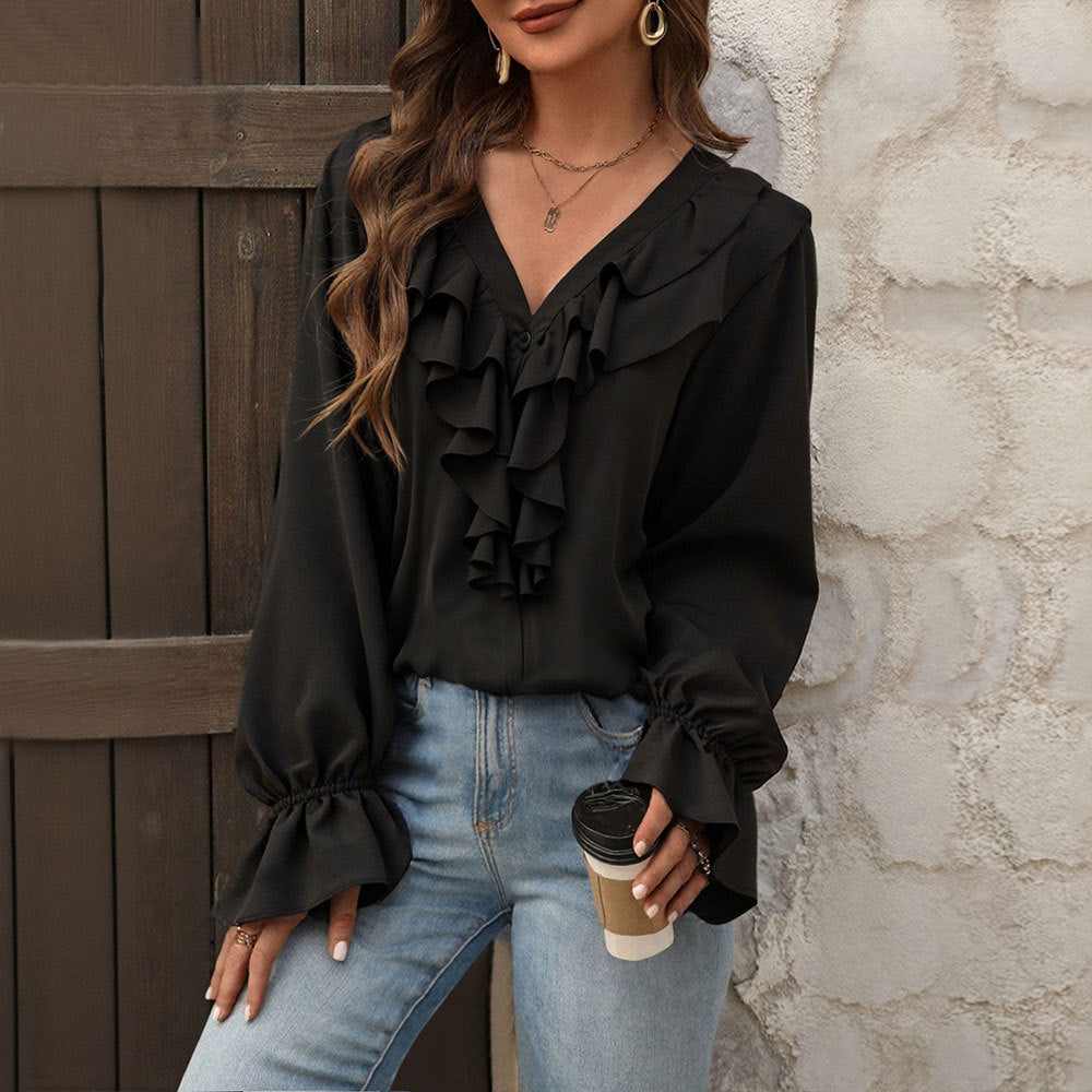 Women feminine ruffle blouse with V-neck, flounce row and bell sleeves Mune Fashion