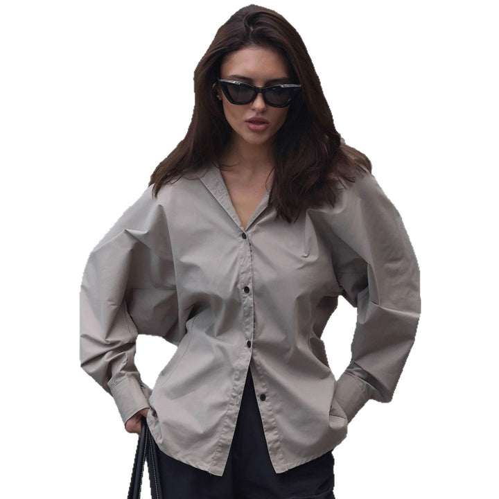 Women's tailored shirt blouse with boxy balloon sleeves and pointed collar Mune Fashion