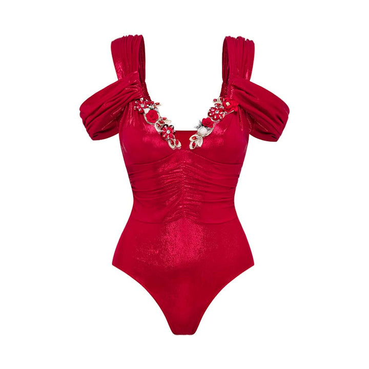 Ladies Luxurious Swimsuit with Off-Shoulder Ruffle Straps and Matching Maxi Skirt Mune Fashion