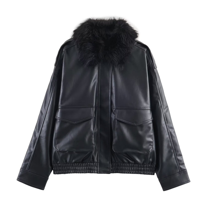 Women's Short Cut Faux Leather Bomber with Voluminous Faux Fur Collar Mune Fashion