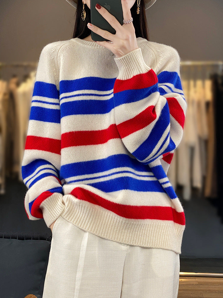 Women’s oversized striped sweater made of soft wool blend with nautical block stripes and round neck Mune Fashion
