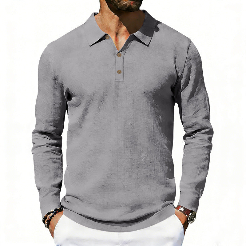 Men's long sleeve polo shirt made of linen with Henley button placket and Kent collar Mune Fashion