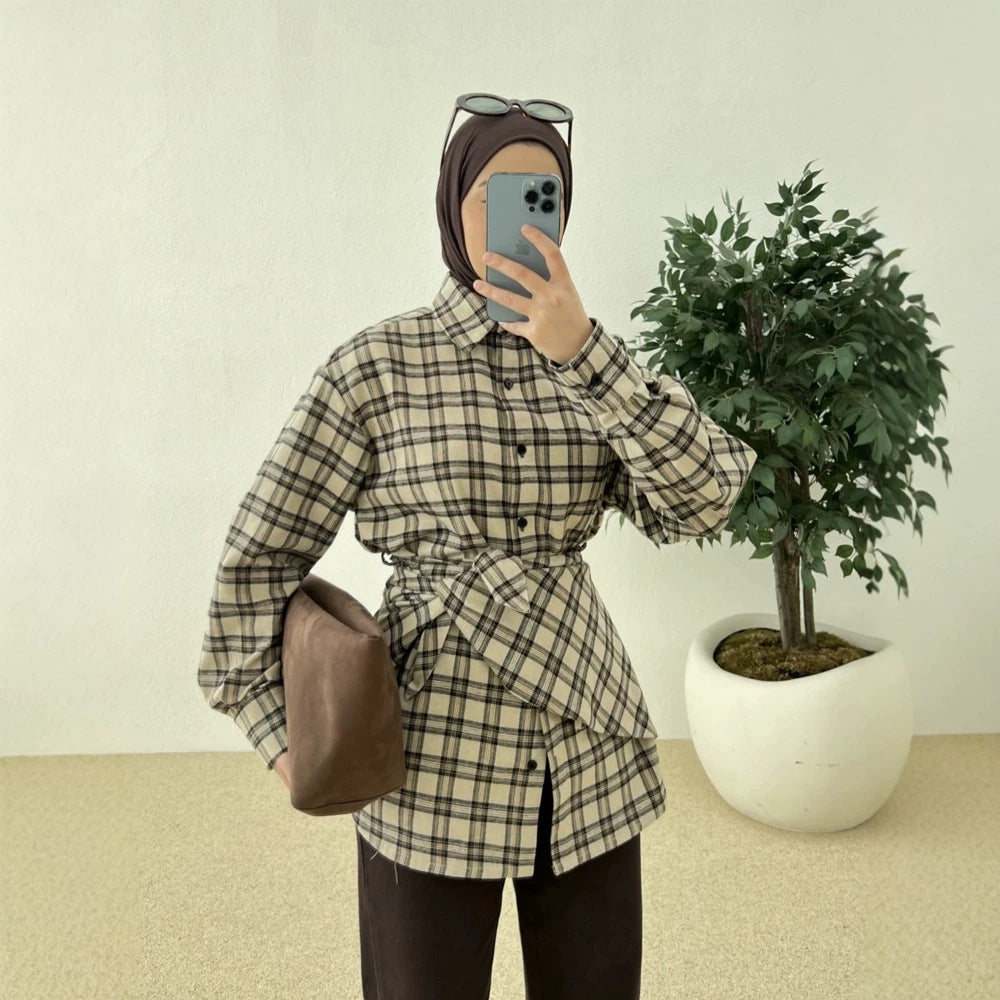 Women's Oversized Checked Shirt with Waist Belt and Extended Back Hem Mune Fashion