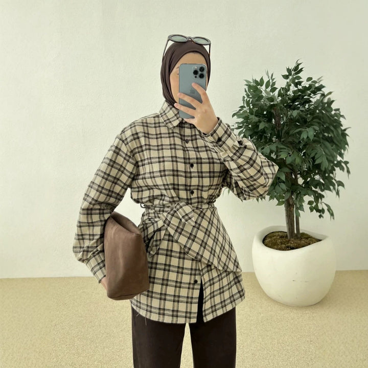Women's Oversized Checked Shirt with Waist Belt and Extended Back Hem Mune Fashion