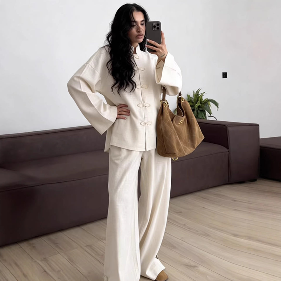 Women's Oversized Chinese Collar Blouse with Traditional Knot Closures and Wide Sleeves Mune Fashion