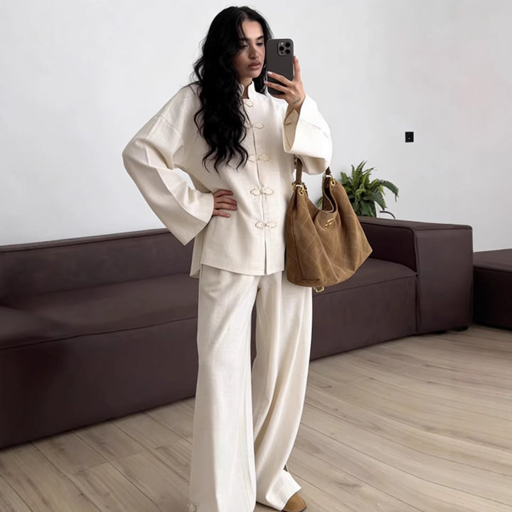 Women's Oversized Chinese Collar Blouse with Traditional Knot Closures and Wide Sleeves Mune Fashion