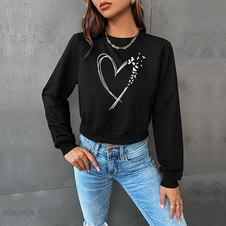 Women's cropped sweatshirt with heart print, round neckline and ribbed cuffs Mune Fashion