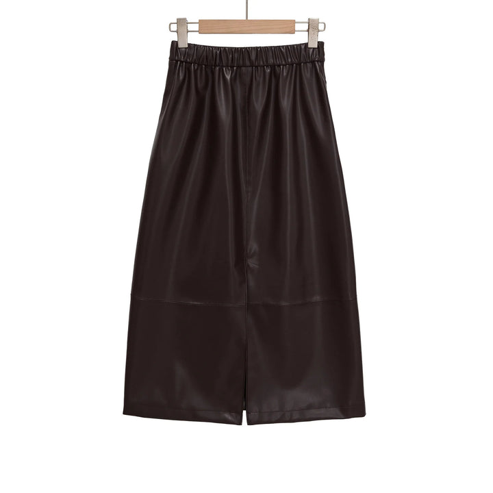 Women's tailored midi skirt in leather look with a high waistband, dividing seams, and back slit Mune Fashion