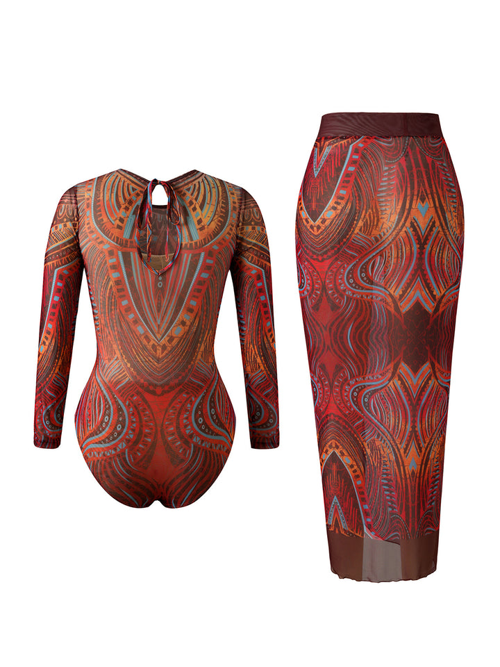Women Elegant Swimsuit with Long Sleeve and Transparent Wrap Skirt Mune Fashion