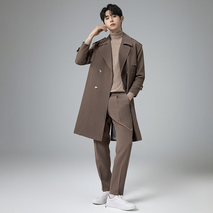 Men's Double-Breasted Trench Coat with Waist Belt and Classic Lapel Mune Fashion