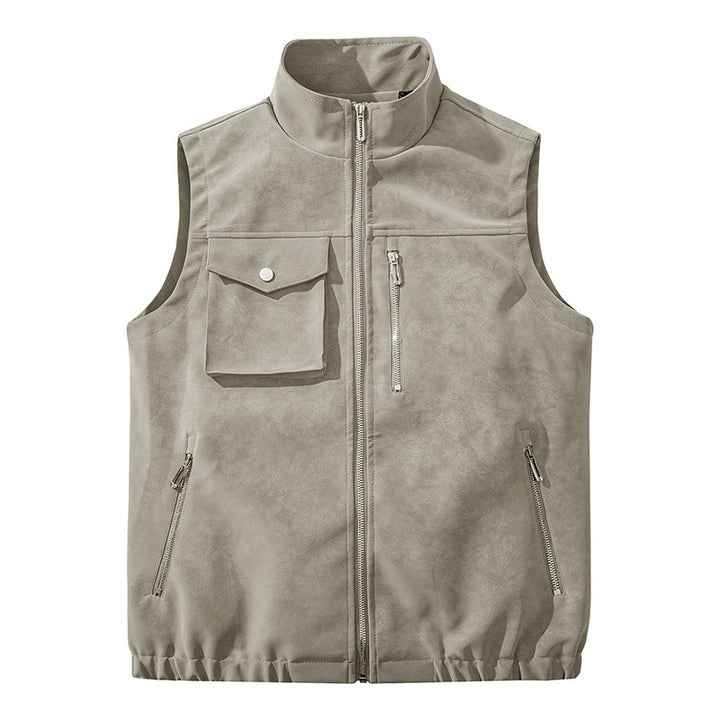 Men's utility vest in velour look with stand-up collar, multi pockets, and full zip Mune Fashion