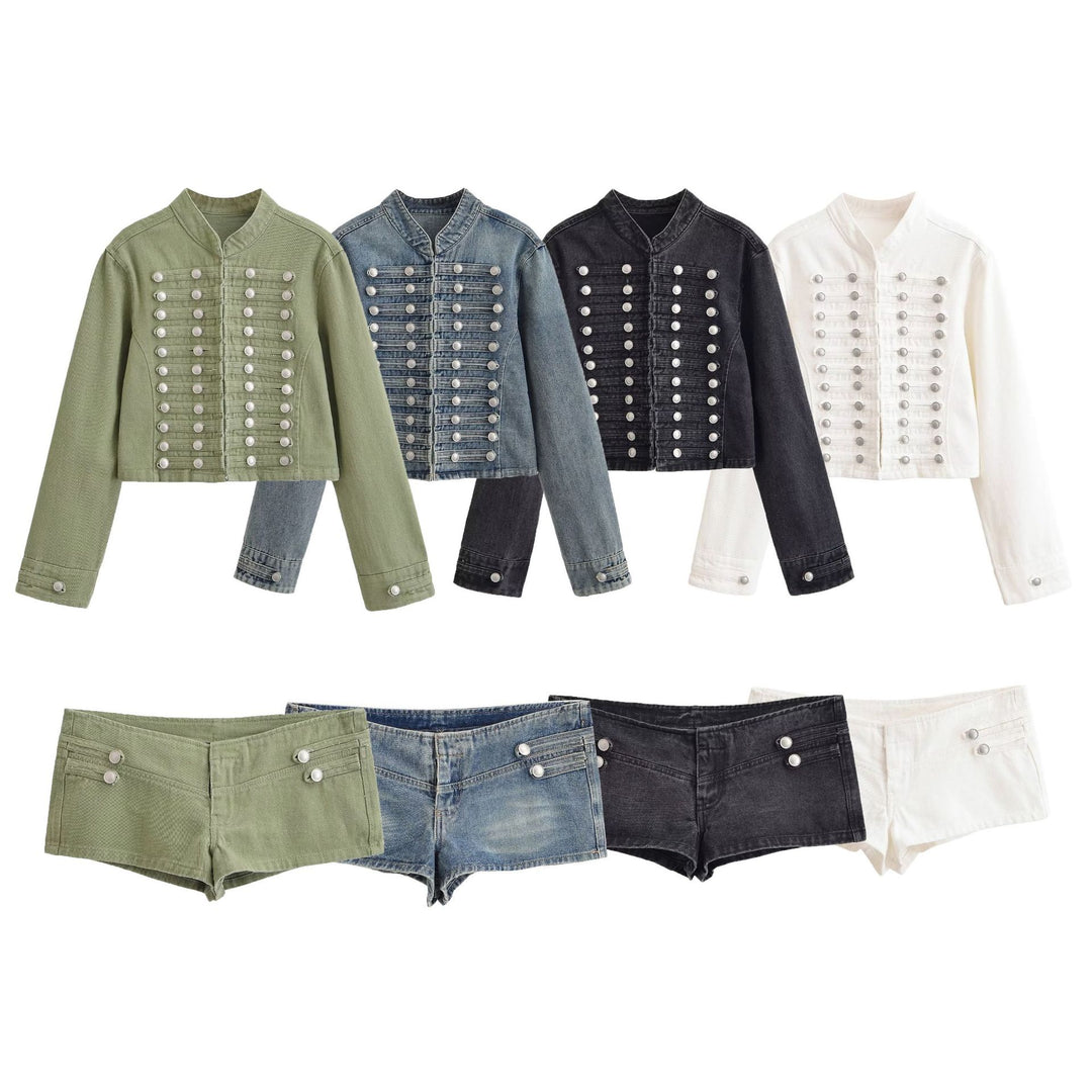 Women's denim jacket in military style with stand-up collar and decorative button plackets Mune Fashion