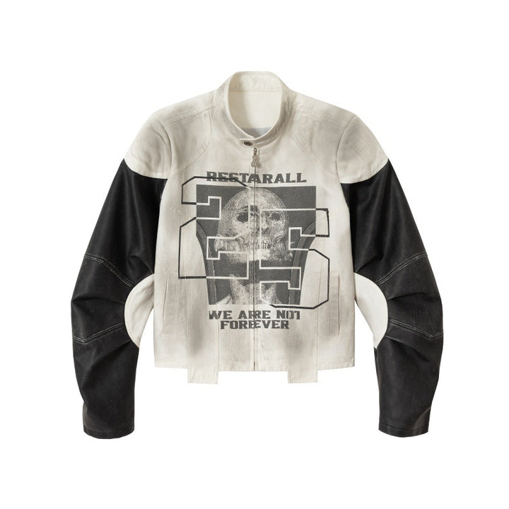 Unisex Short Cut Boxy Biker Jacket in Vintage Leather Look with Graphic Skull Print and Stand-up Collar Mune Fashion