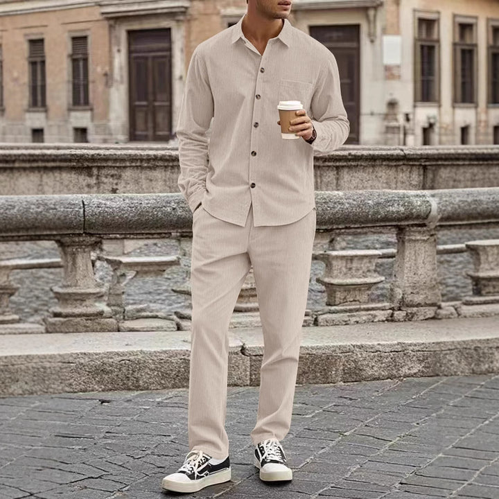 Men's casual shirt-pants two-piece set made of fine corduroy with chest pocket and straight fit Mune Fashion
