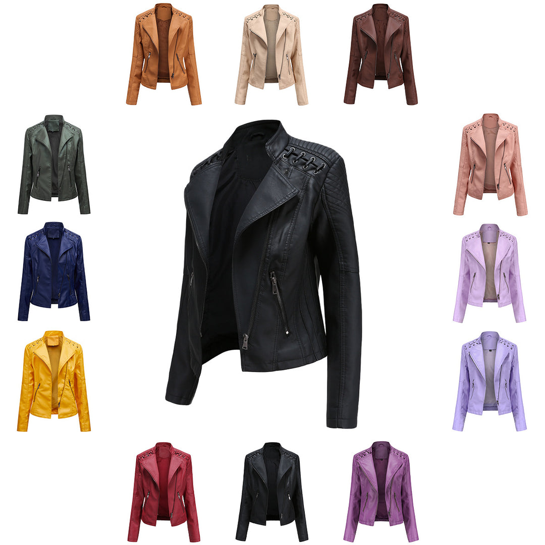 Women's short biker jacket made of faux leather with decorative eyelet lacing on the shoulders Mune Fashion