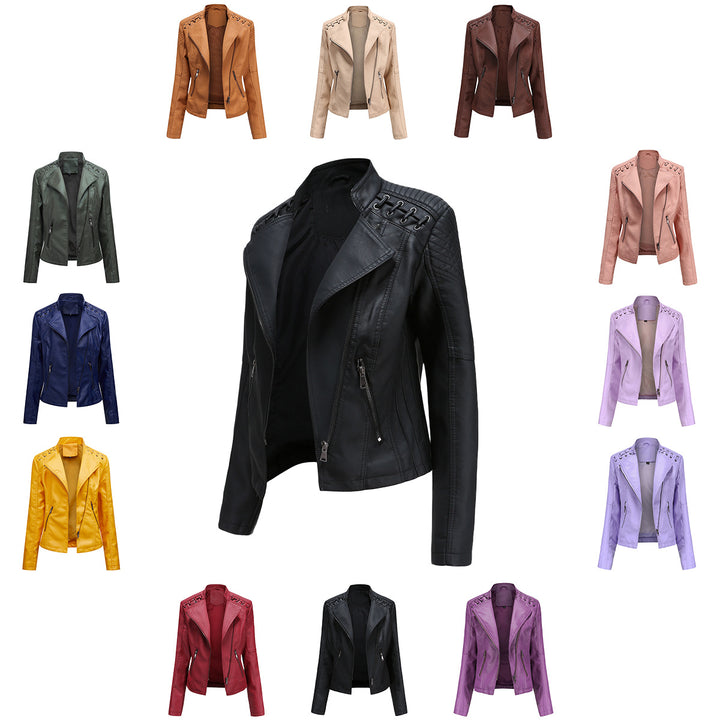 Women's short biker jacket made of faux leather with decorative eyelet lacing on the shoulders Mune Fashion
