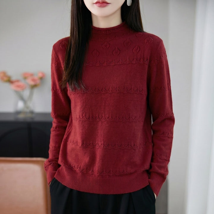 Women's lightweight lace-knit pullover with short stand-up collar and fine ribbed hem Mune Fashion