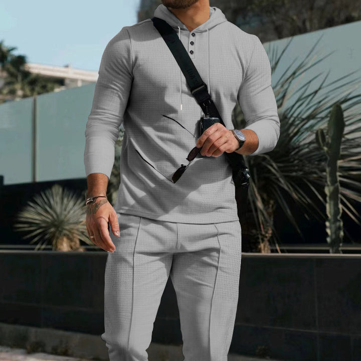 Men's fitted hooded button placket set made of textured stretch jersey with slim chino jogger Mune Fashion