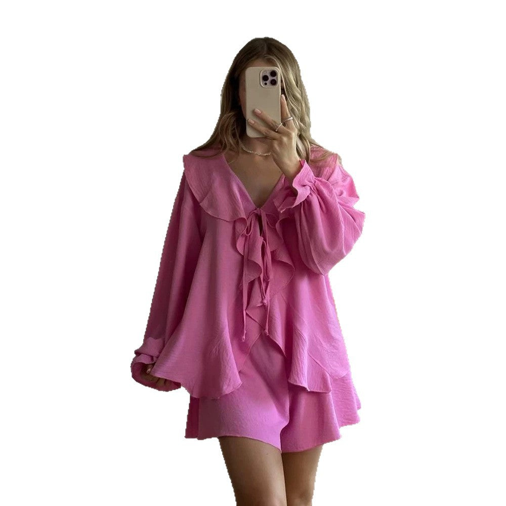 Women's Playful Ruffle Set made of lightweight Crepe Quality with Tie Blouse and A-Line Mini Skirt Mune Fashion