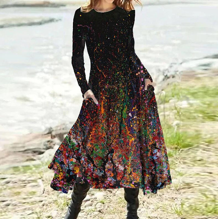 Women's A-line midi dress with abstract spray pattern, round neckline, long sleeves and side pockets Mune Fashion