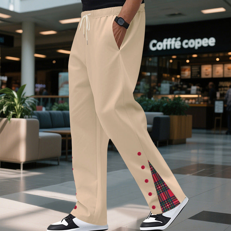Men's Relaxed-Fit Jogging Pants with Check Side Panel, Snap Button Placket & Drawstring
