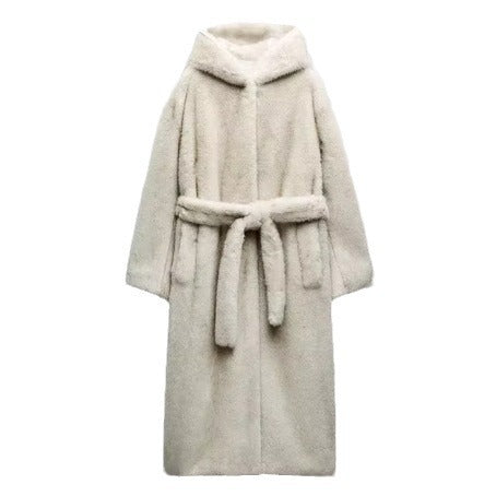 Women Longer Teddy Faux Fur Coat with Tie Belt and Oversized Silhouette Mune Fashion