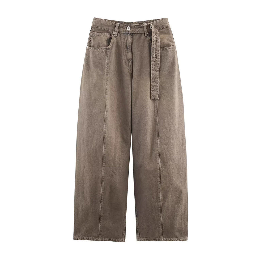 Women's wide high-waisted culotte pants with decorative seams, patch pockets and tie belt Mune Fashion
