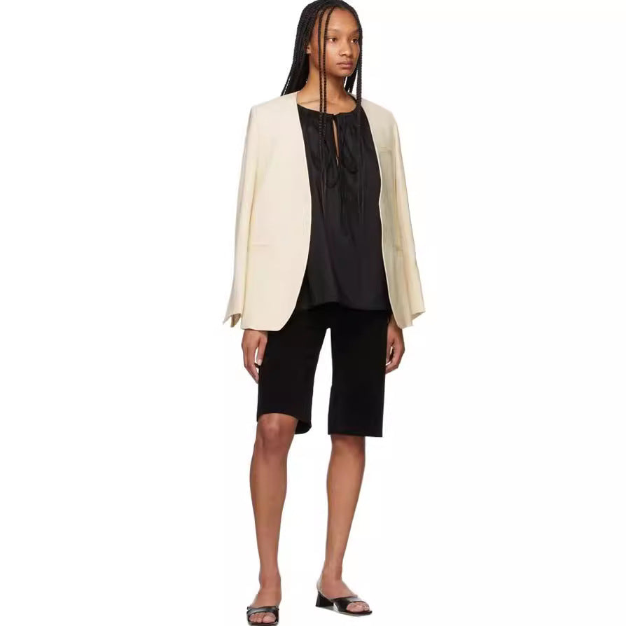 Women Collarless Long Blazer with Open Fall and Cape Effect Mune Fashion
