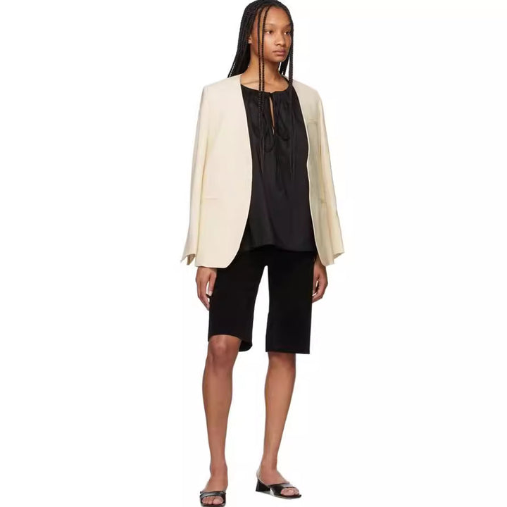Women Collarless Long Blazer with Open Fall and Cape Effect Mune Fashion