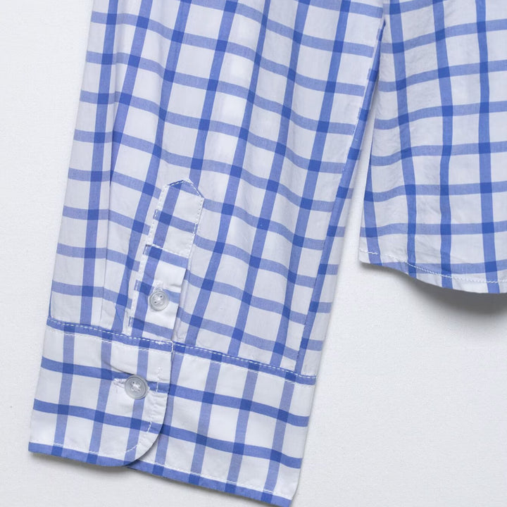 Women's tailored checkered shirt blouse made of cotton blend with Kent collar Mune Fashion