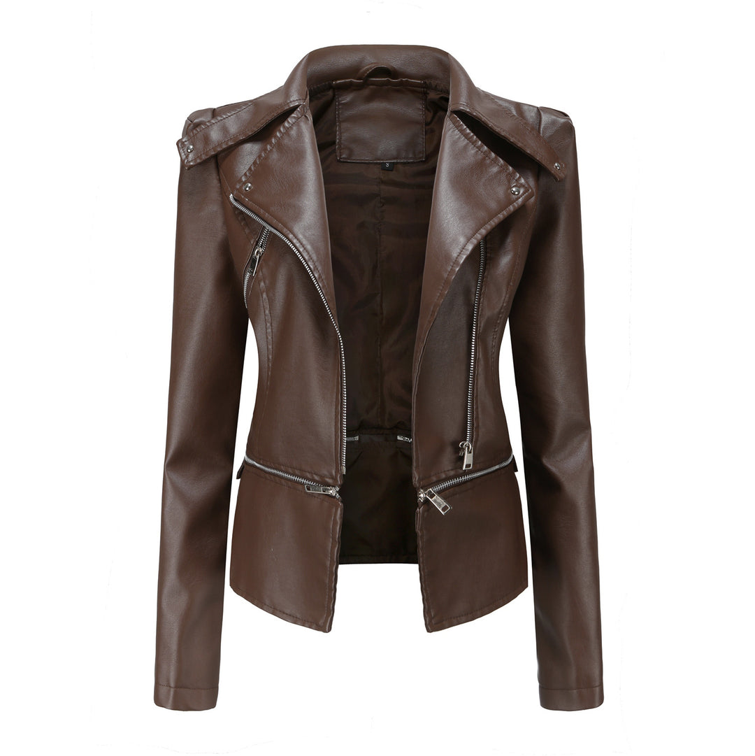 Women nan tailored biker jacket made of faux leather with asymmetric zipper and decorative epaulettes Mune Fashion