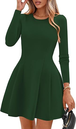 Women's Long-Sleeve A-Line Skater Dress with Figure-Flattering Seams Drune