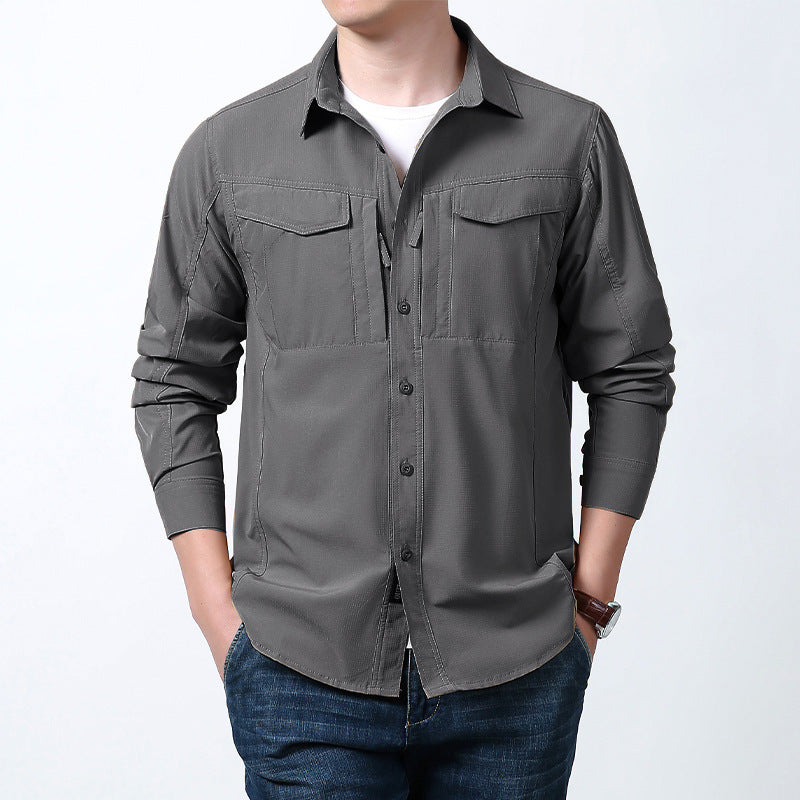 Men's light utility shirt jacket with chest flaps, zip pocket and stretchy functional fabric Mune Fashion