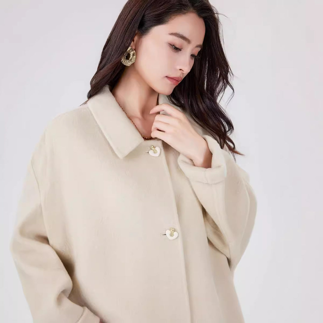 Women's Oversize Wool Cocoon Coat with Decorative Heart Buttons Mune Fashion