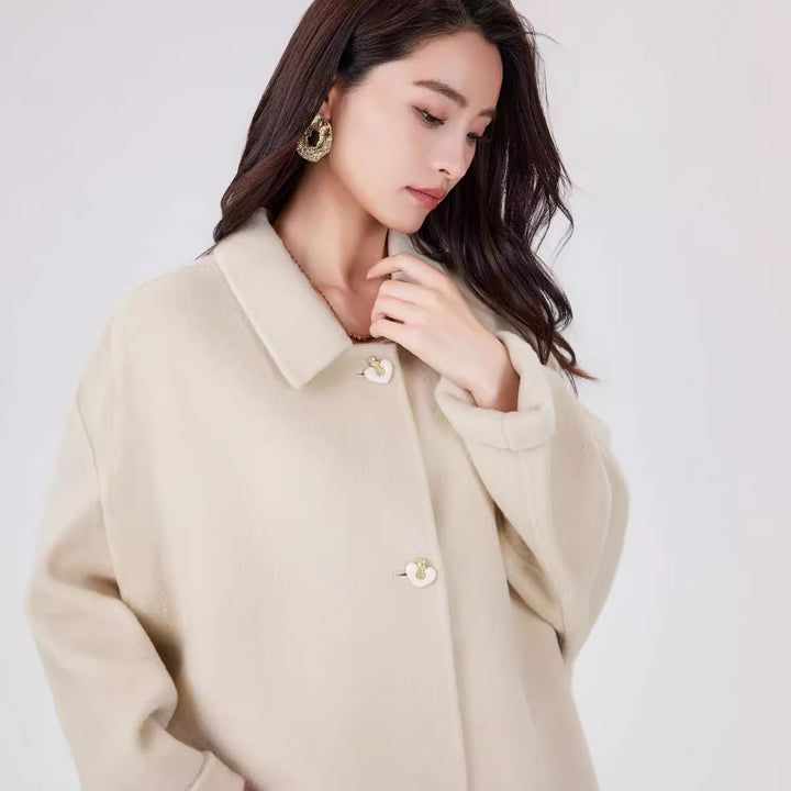 Women's Oversize Wool Cocoon Coat with Decorative Heart Buttons Mune Fashion