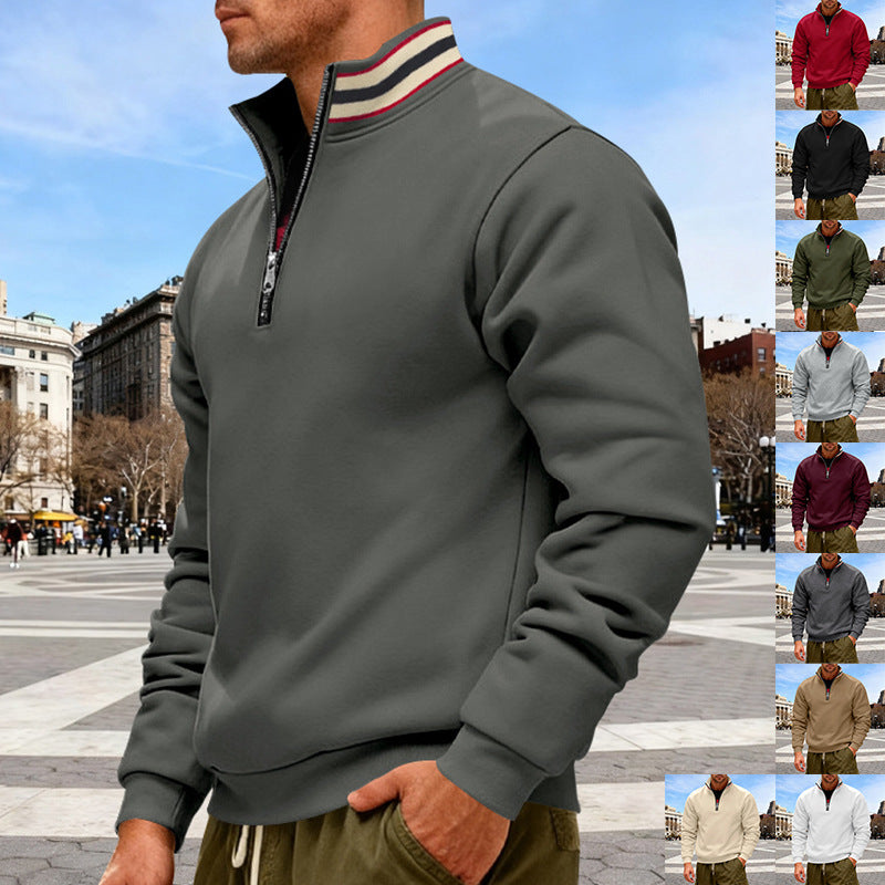 Men's standing collar half-zip sweatshirt made of cotton fleece with contrast stripes on the collar and ribbed cuffs Mune Fashion