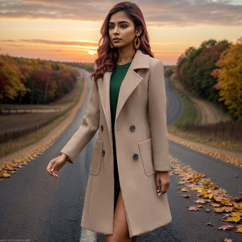 Women Long Chesterfield Coat made of Wool Blend with Tailored Fit and Side Pockets Mune Fashion