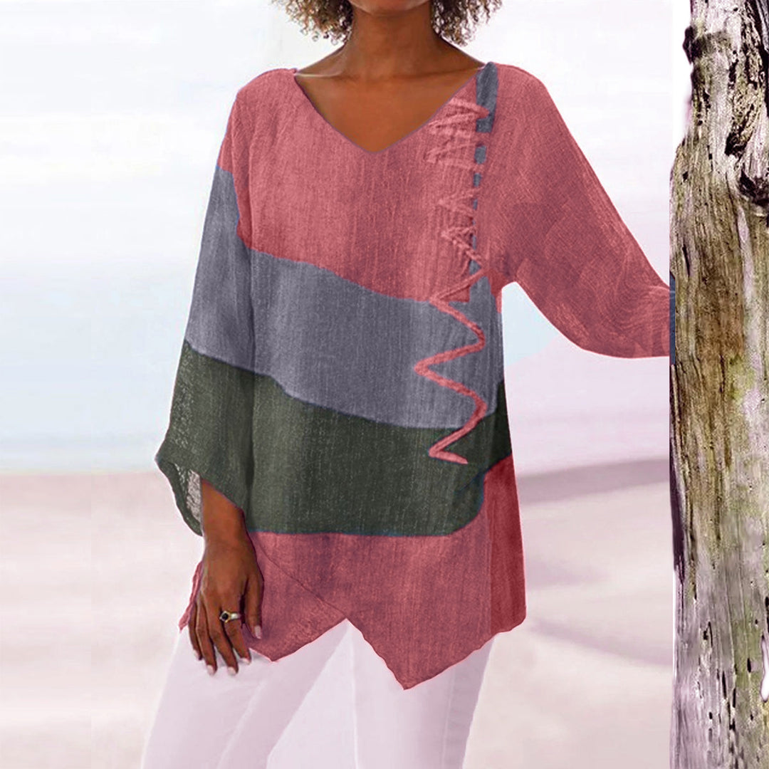 Women Casual A-Line Linen Look Tunic with Color Block Stripes and V-Neck Mune Fashion