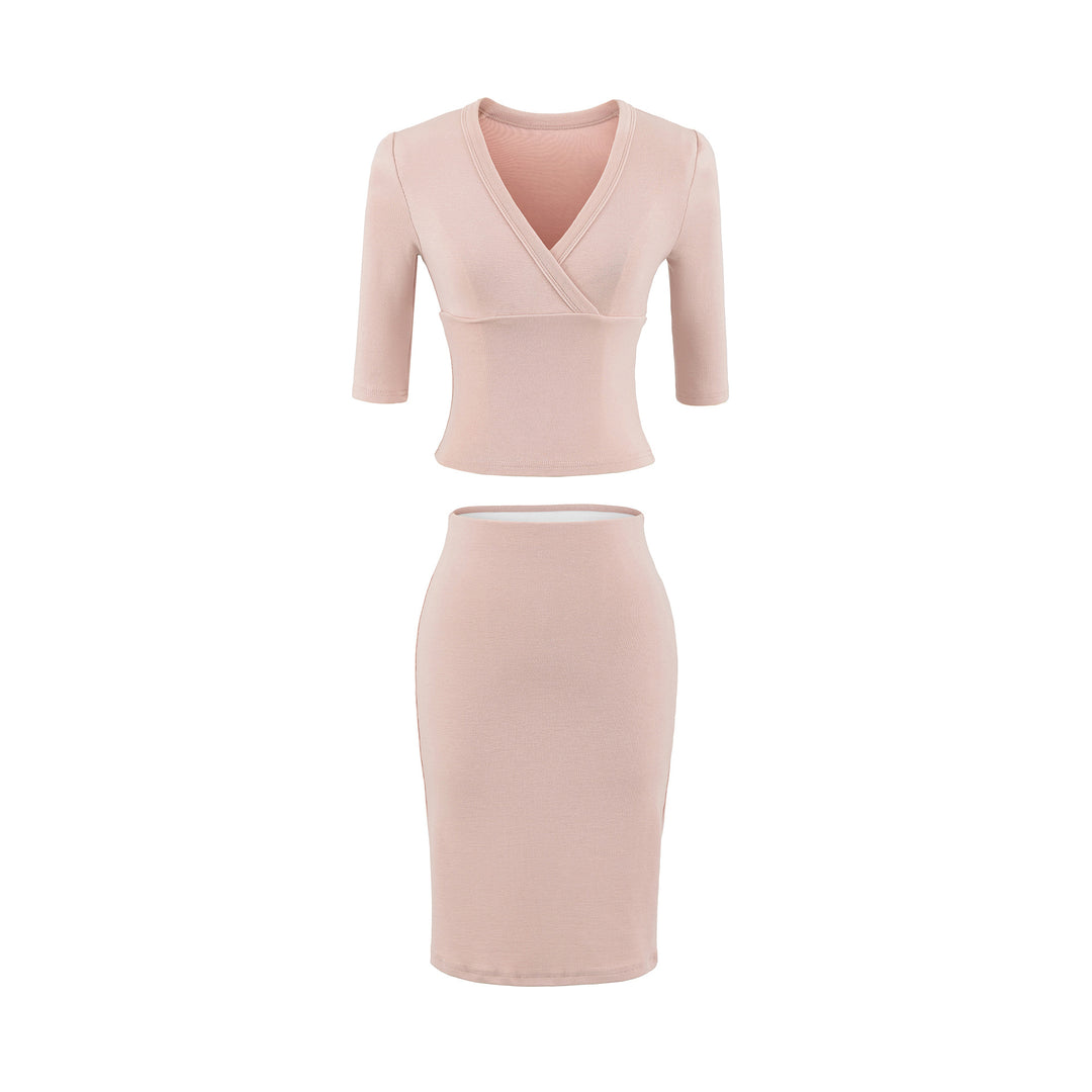 Women's two-piece figure-hugging wrap top with three-quarter sleeves and high-waisted pencil skirt Mune Fashion