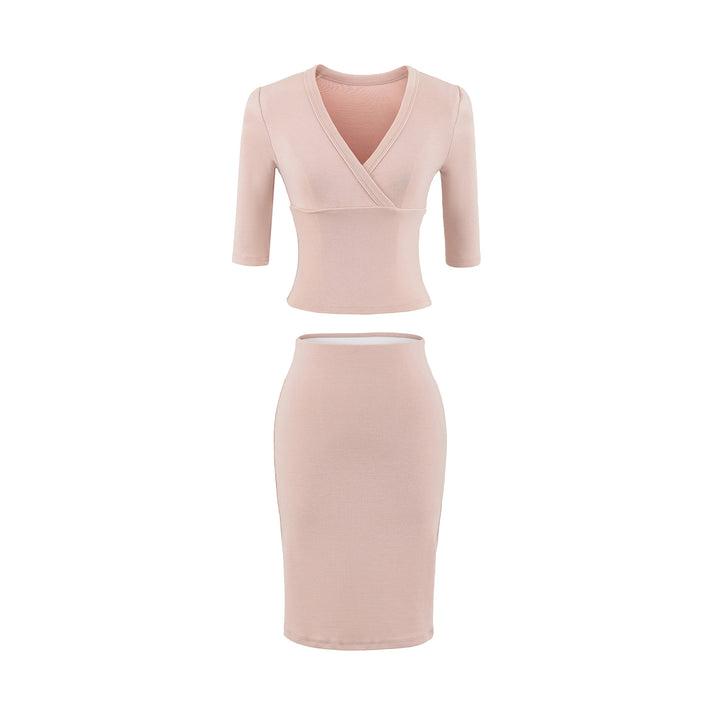 Women's two-piece figure-hugging wrap top with three-quarter sleeves and high-waisted pencil skirt Mune Fashion