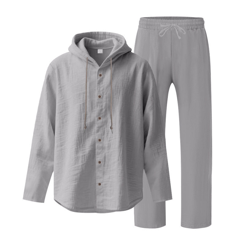 Men's two-piece lounge set with button hoodie shirt made of crepe jersey and straight drawstring pants Mune Fashion