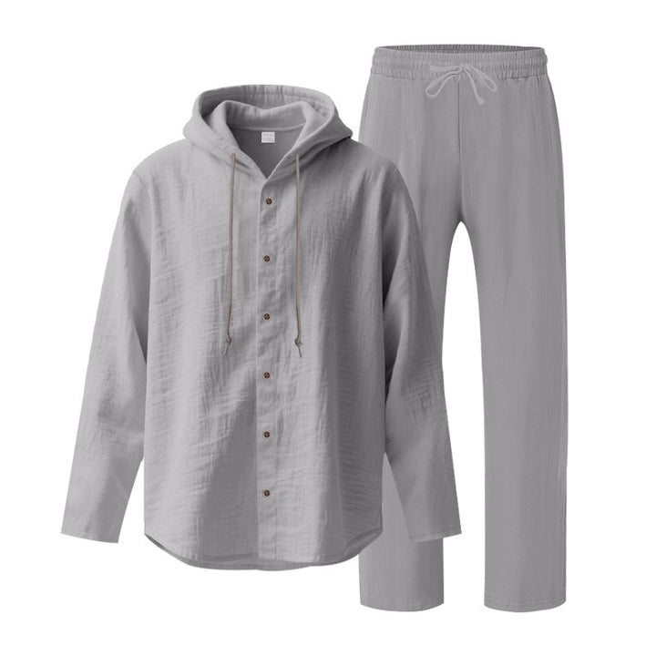 Men's two-piece lounge set with button hoodie shirt made of crepe jersey and straight drawstring pants Mune Fashion