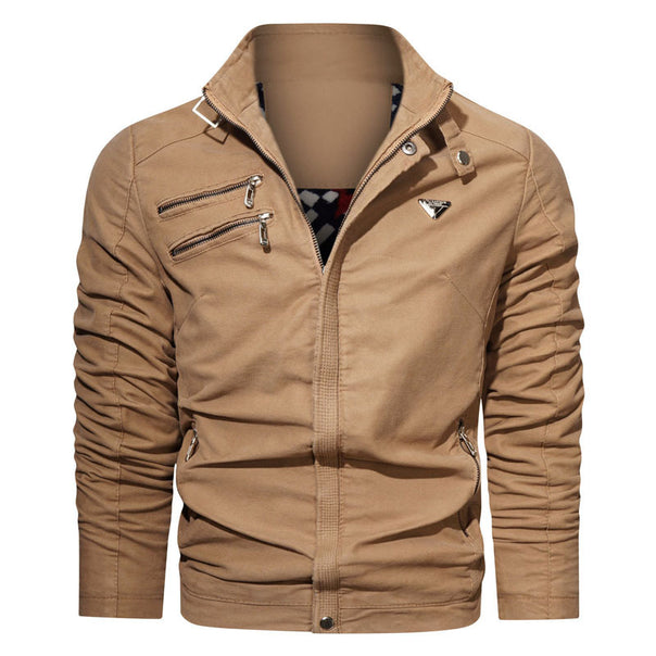Men's lightweight canvas utility blouson with stand-up collar, asymmetrical chest zip section, and decorative zippers.
