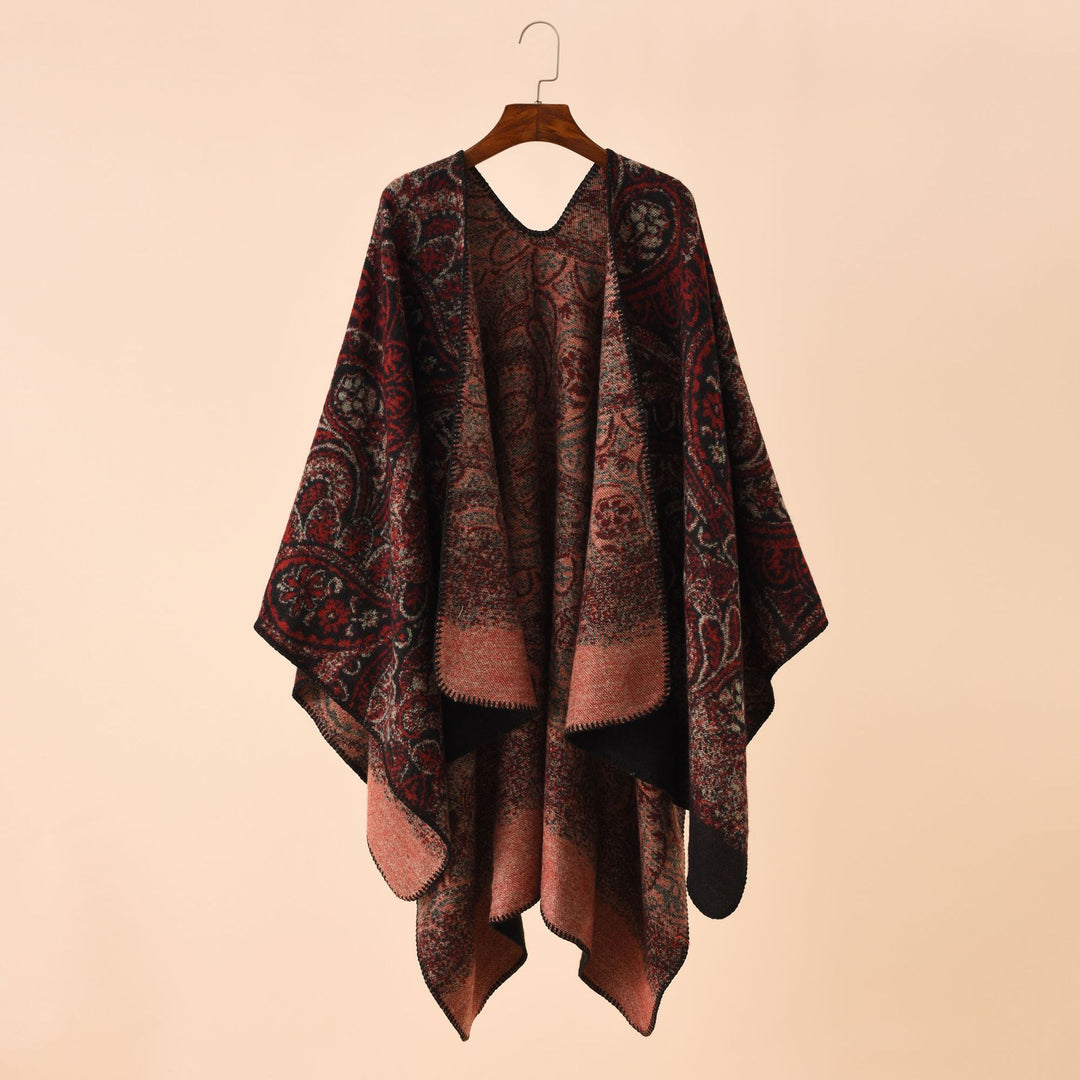 Women's Paisley-Jacquard-Cape Poncho made of wool blend with decorative chain stitch Mune Fashion