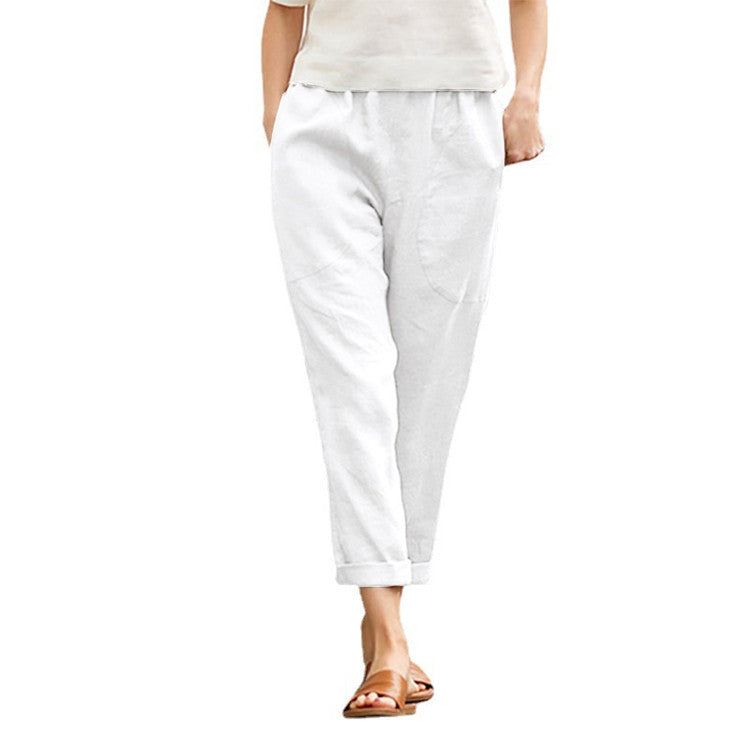 Women's light linen pants with elastic waistband, side pockets, and rolled hem Mune Fashion