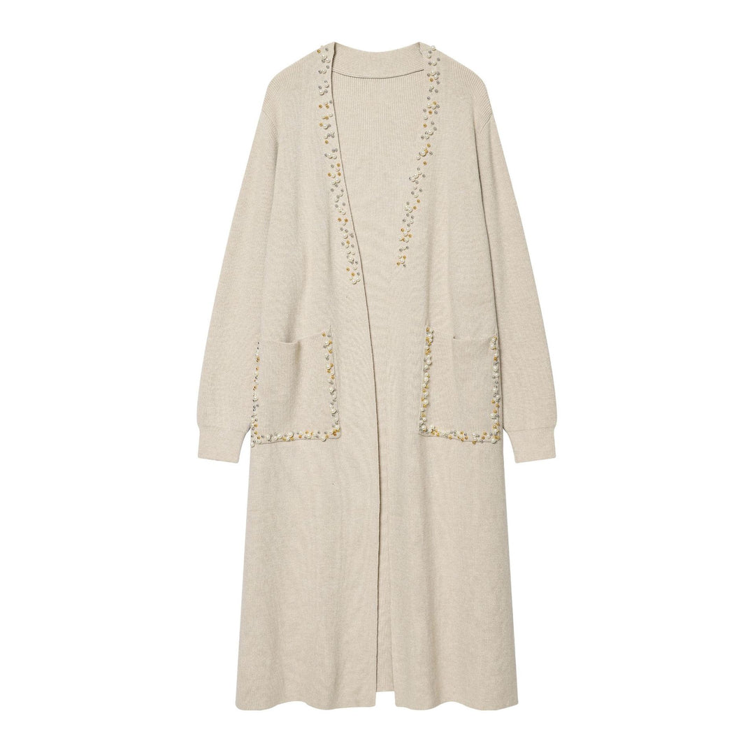 Women's long open cardigan with pearl embellishments and patch pockets Mune Fashion