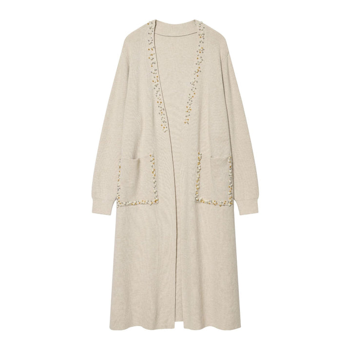 Women's long open cardigan with pearl embellishments and patch pockets Mune Fashion