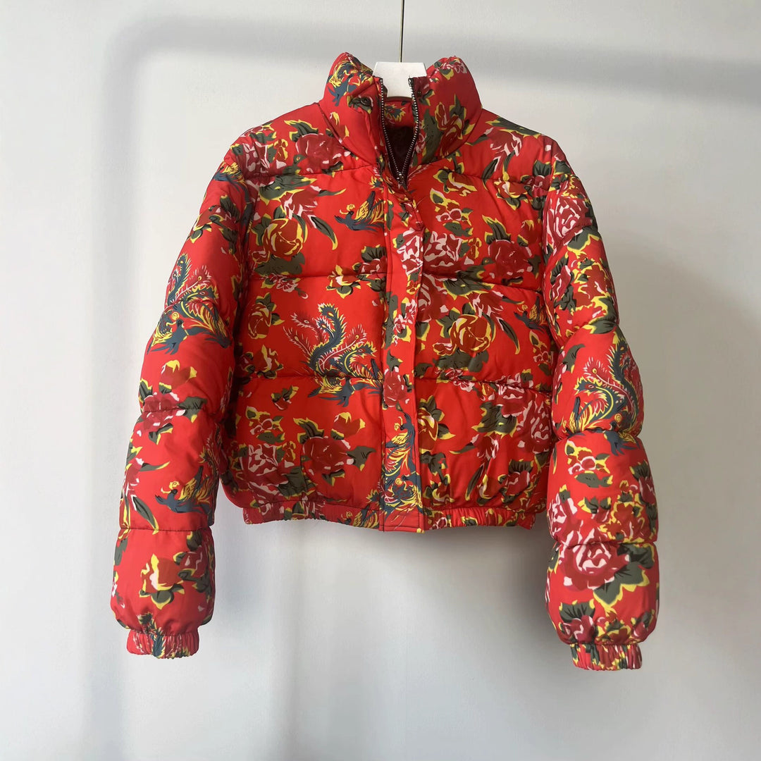 Women's Quilted Padded Short Jacket with Floral Allover Print and Stand-Up Collar Mune Fashion