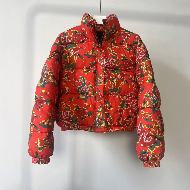 Women's Quilted Padded Short Jacket with Floral Allover Print and Stand-Up Collar Mune Fashion